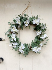 White Flower and Eucalyptus Everlasting Silk Door Wreath 